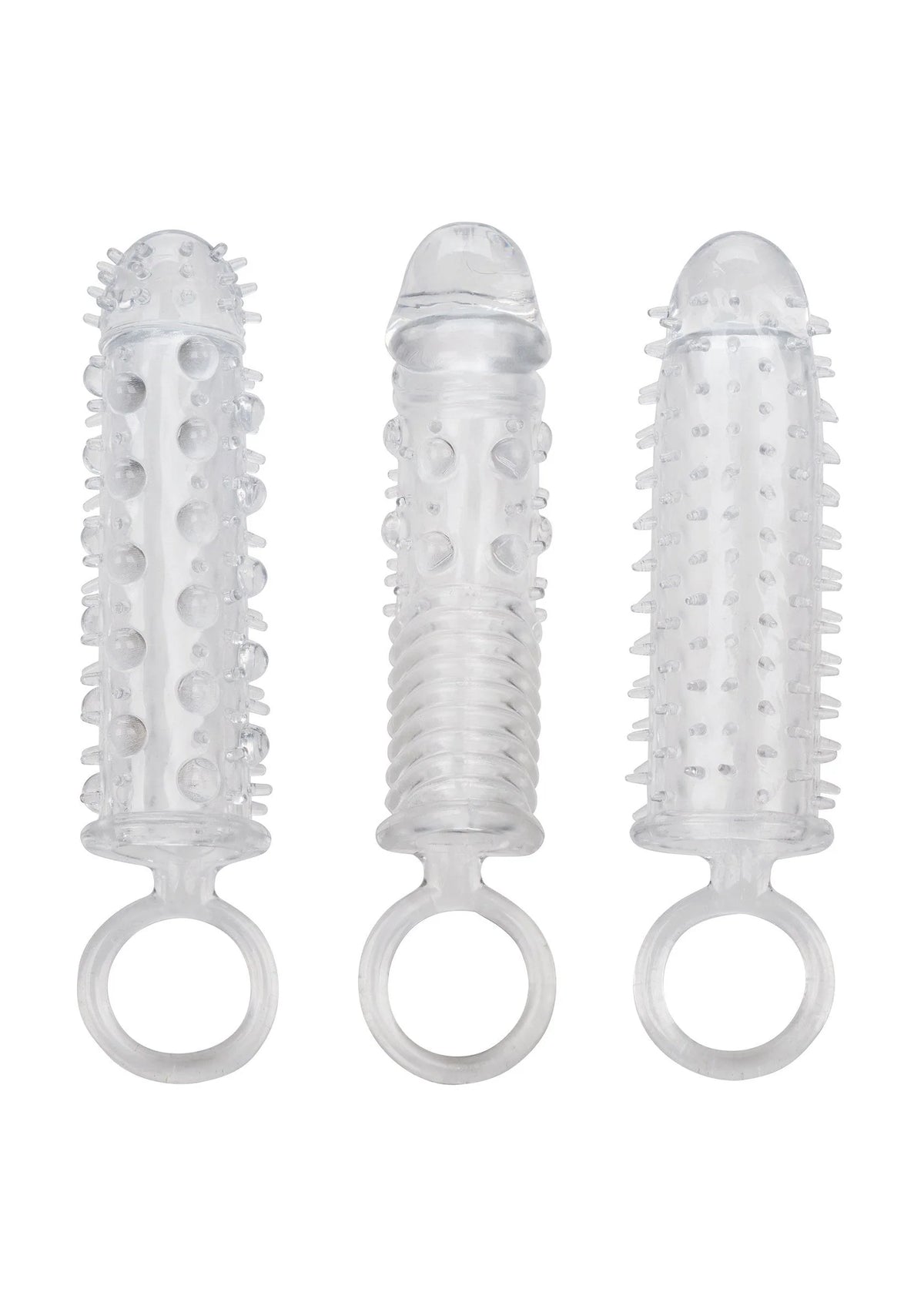 Bestel: 3 Piece Textured Extension Set by CalExotics - bij Happytoys: de erotische sex webshop | liever Happy dan Easy ⭐⭐⭐⭐⭐ - Default Title - 13462 - CLEAR