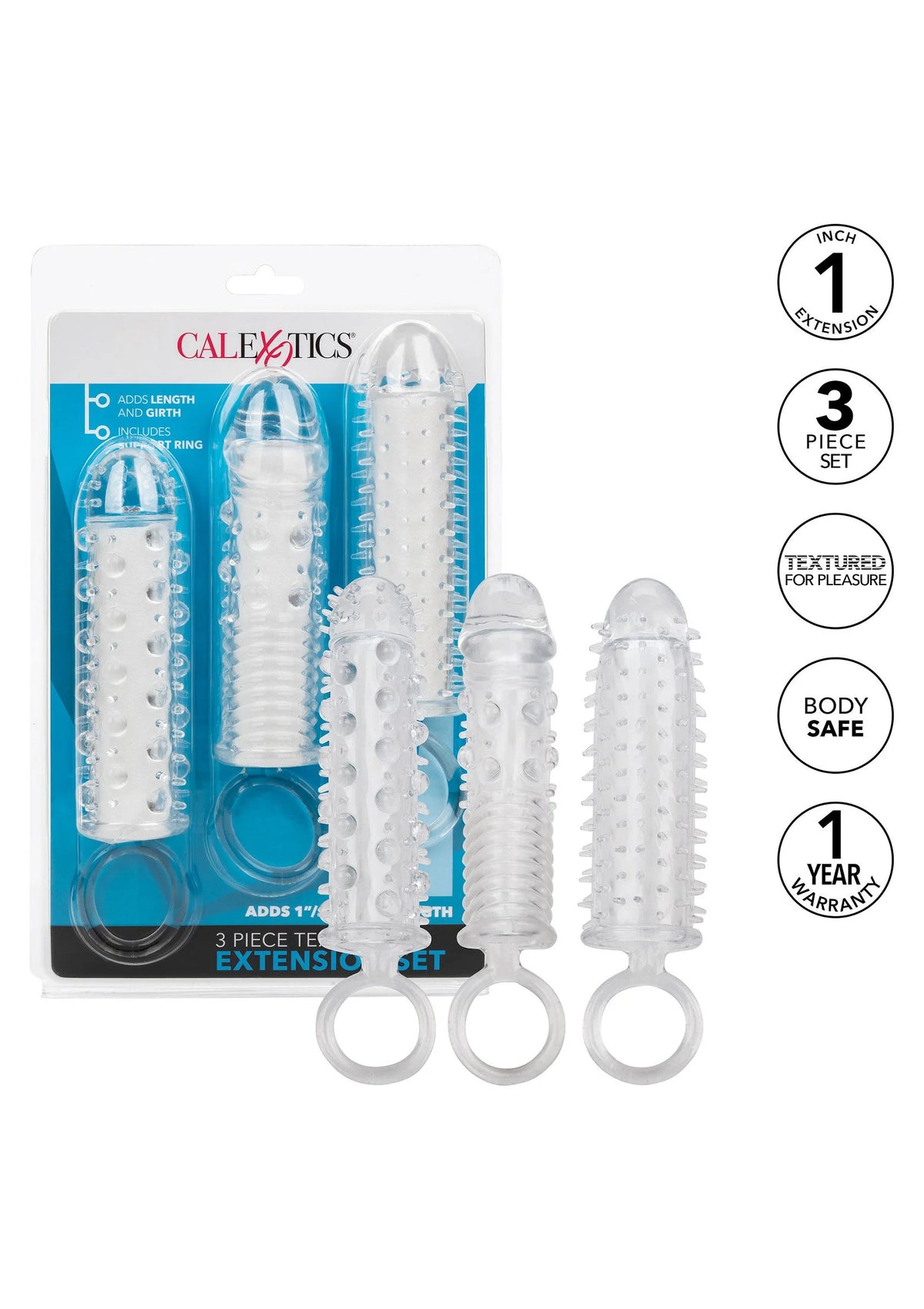 Bestel: 3 Piece Textured Extension Set by CalExotics - bij Happytoys: de erotische sex webshop | liever Happy dan Easy ⭐⭐⭐⭐⭐