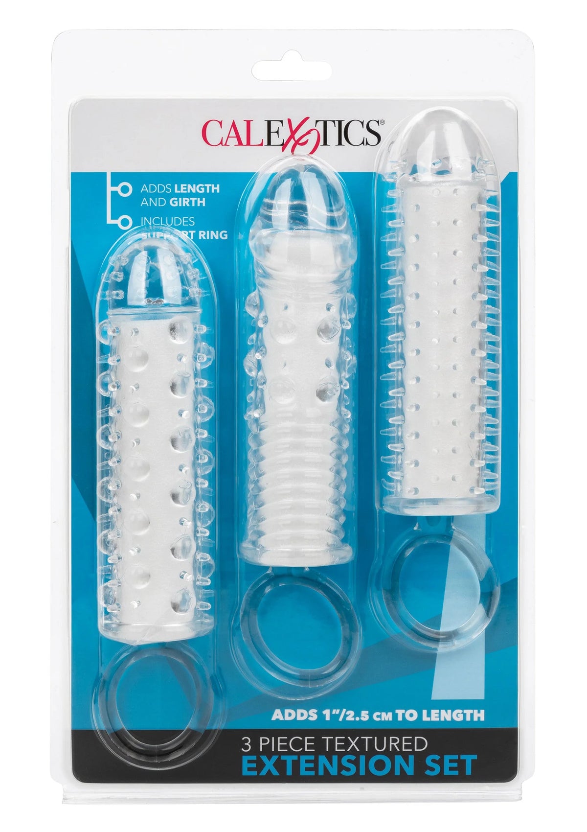 Bestel: 3 Piece Textured Extension Set by CalExotics - bij Happytoys: de erotische sex webshop | liever Happy dan Easy ⭐⭐⭐⭐⭐