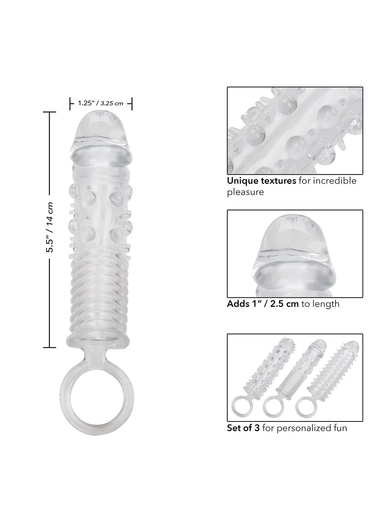 Bestel: 3 Piece Textured Extension Set by CalExotics - bij Happytoys: de erotische sex webshop | liever Happy dan Easy ⭐⭐⭐⭐⭐
