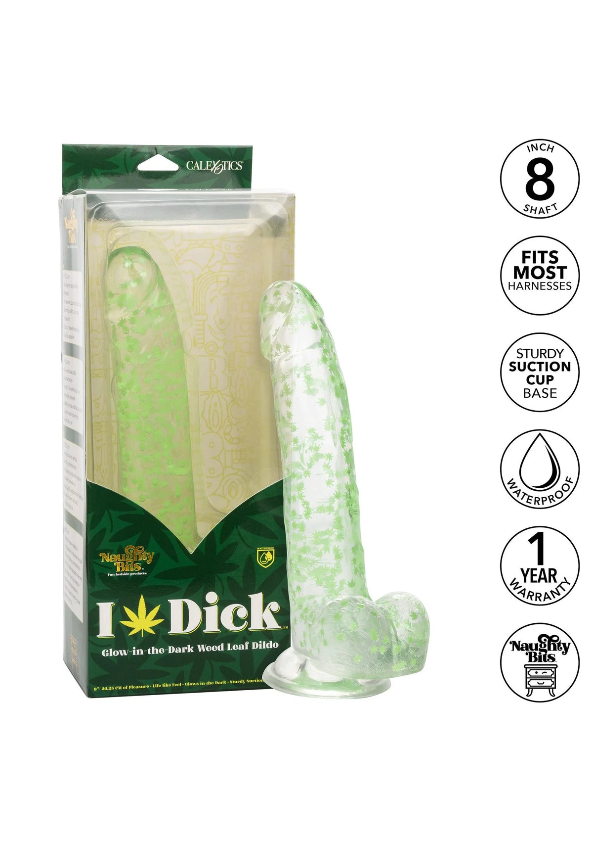 Bestel: Naughty Bits I Leaf Dick Glow - In - The - Dark Weed Leaf Dildo by CalExotics - bij Happytoys: de erotische sex webshop | liever Happy dan Easy ⭐⭐⭐⭐⭐