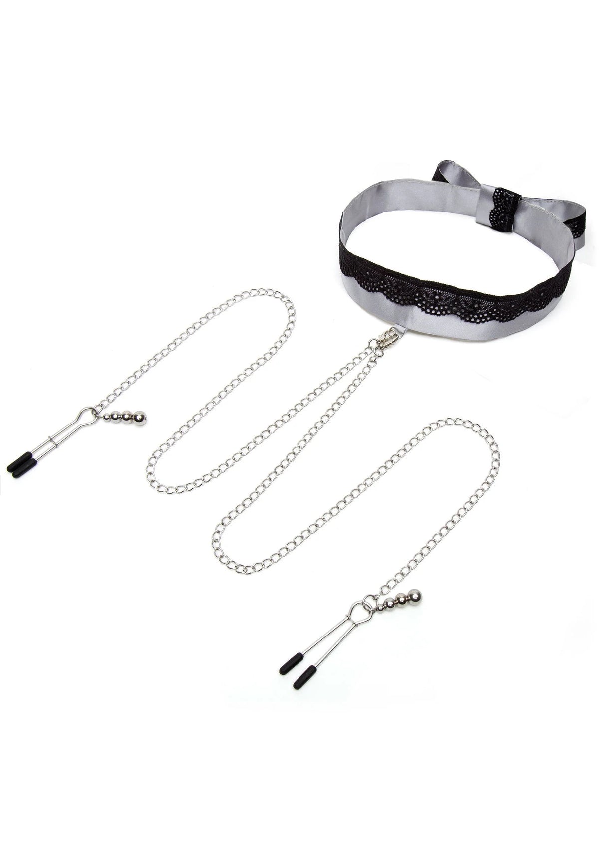 Bestel: Play Nice Satin & Lace Collar & Nipple Clamps by Fifty Shades of Grey - bij Happytoys: de erotische sex webshop | liever Happy dan Easy ⭐⭐⭐⭐⭐ - Default Title - 29050 - SILVER