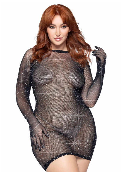 Bestel: Plus Rhinestone Fishnet Gloved Mini Dress - bij Happytoys: de erotische sex webshop | liever Happy dan Easy ⭐⭐⭐⭐⭐