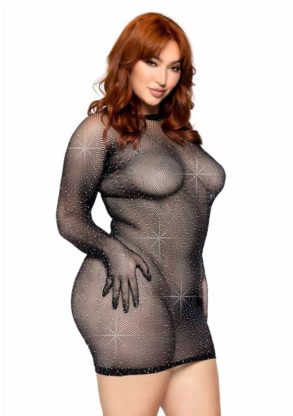Bestel: Plus Rhinestone Fishnet Gloved Mini Dress - bij Happytoys: de erotische sex webshop | liever Happy dan Easy ⭐⭐⭐⭐⭐