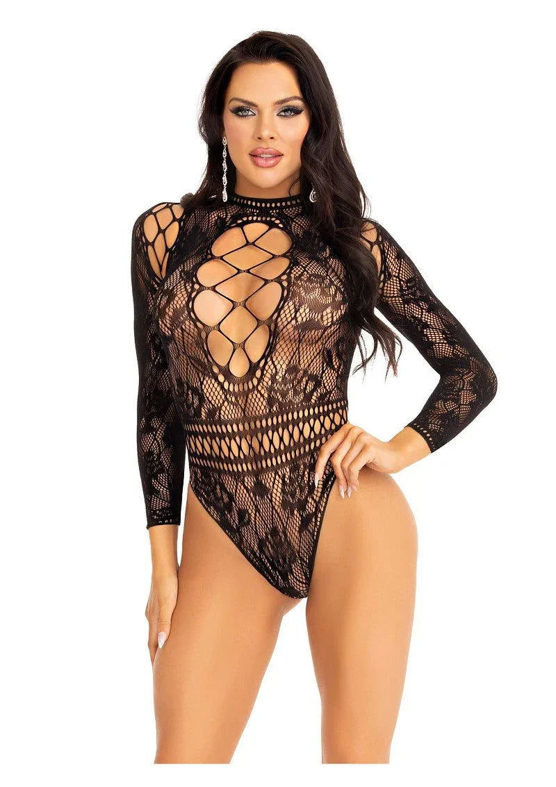 High neck lace bodysuit black O/S by Leg Avenue - Happytoys Sexshop: online sex shop for Feeling Happy & Easy 😊 - Discreet geleverd