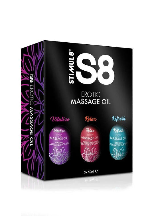 S8 Massage Oil Box 3x 50ml massage olie met 3 geuren - Happytoys Sexshop: online sex shop for Feeling Happy & Easy 😊 - Discreet geleverd